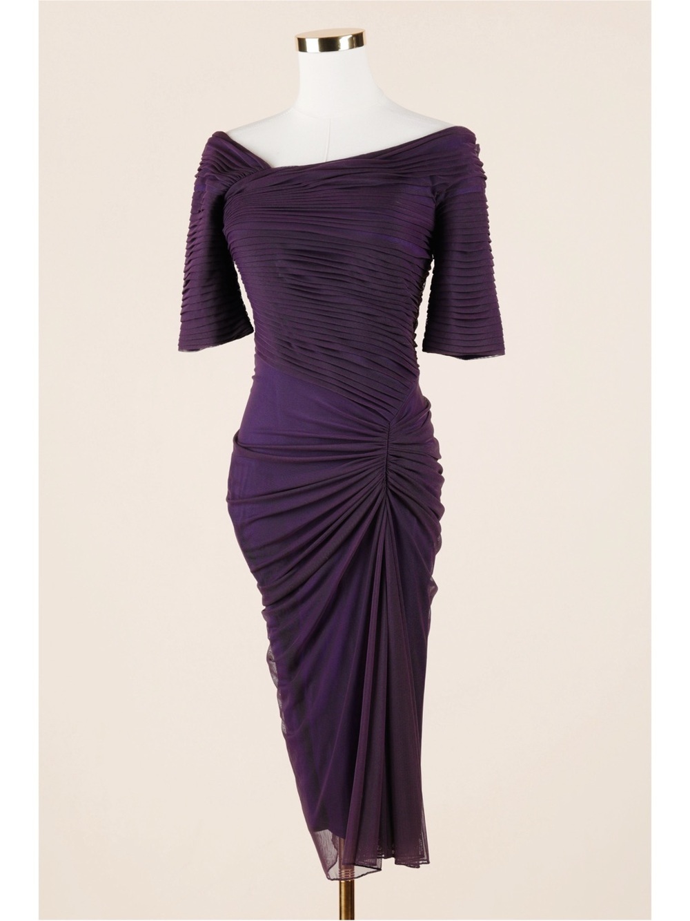 Sz XS Tadashi Shoji Plum Asymmetrical Ruched Mesh Midi Cocktail Dress EUC